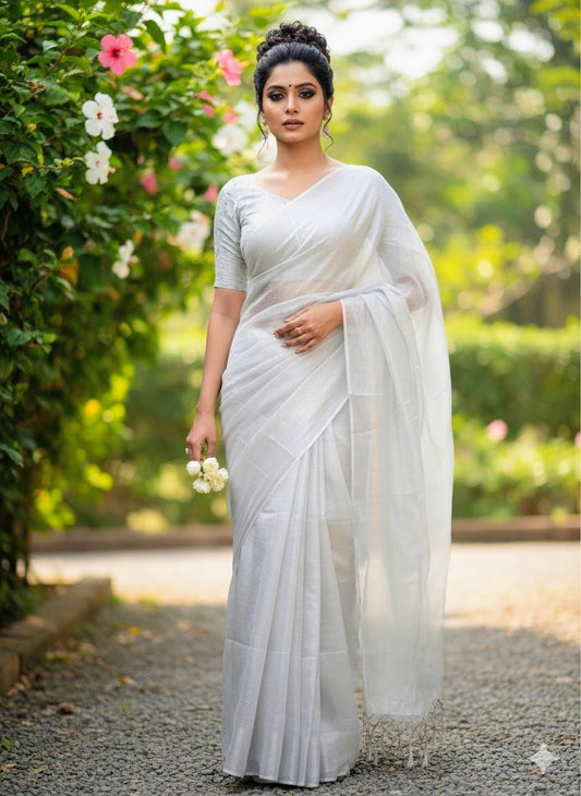Chandrika – Soft Silver Handloom Tissue Saree
