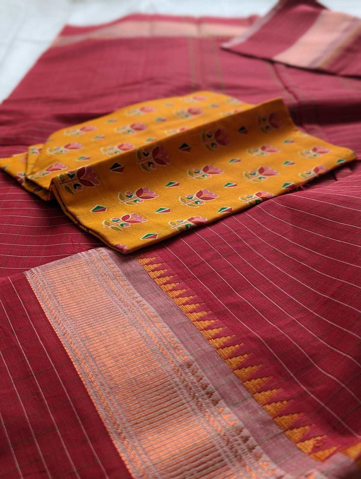 Red Yellow Check Kanchi Cotton Saree