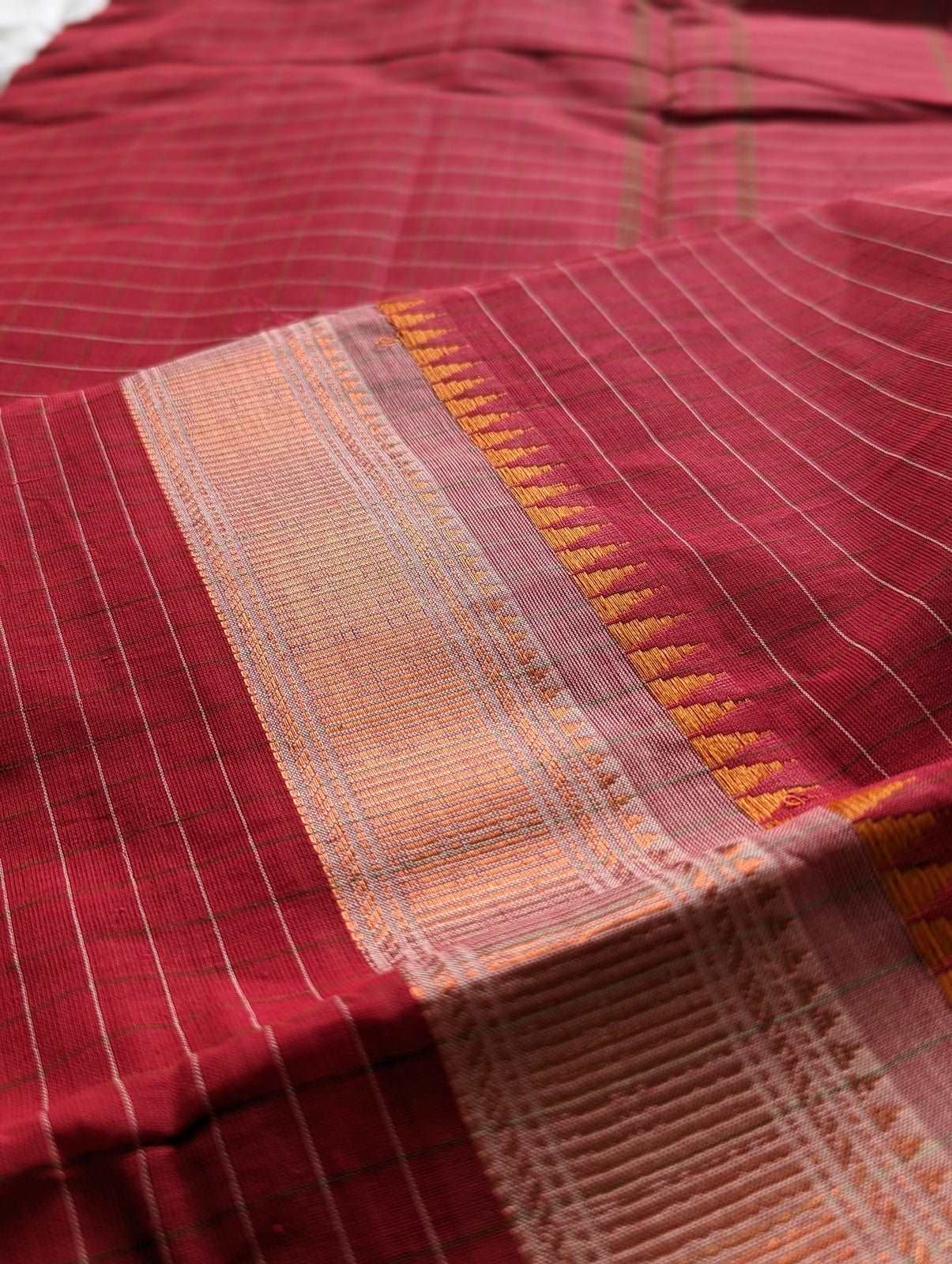 Red Yellow Check Kanchi Cotton Saree