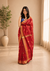 Royal Rustic Red Saree With Maheshwari Style Zari Detailing