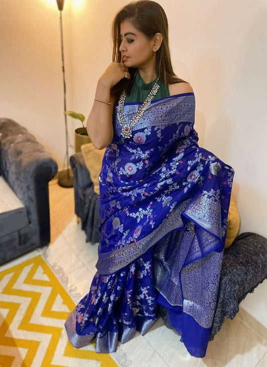Royal Blue Sapphire Banarasi Semi-Georgette Saree