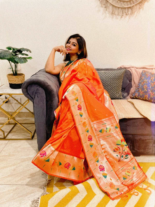 Tangerine Radiance Katan Paithani Silk Saree