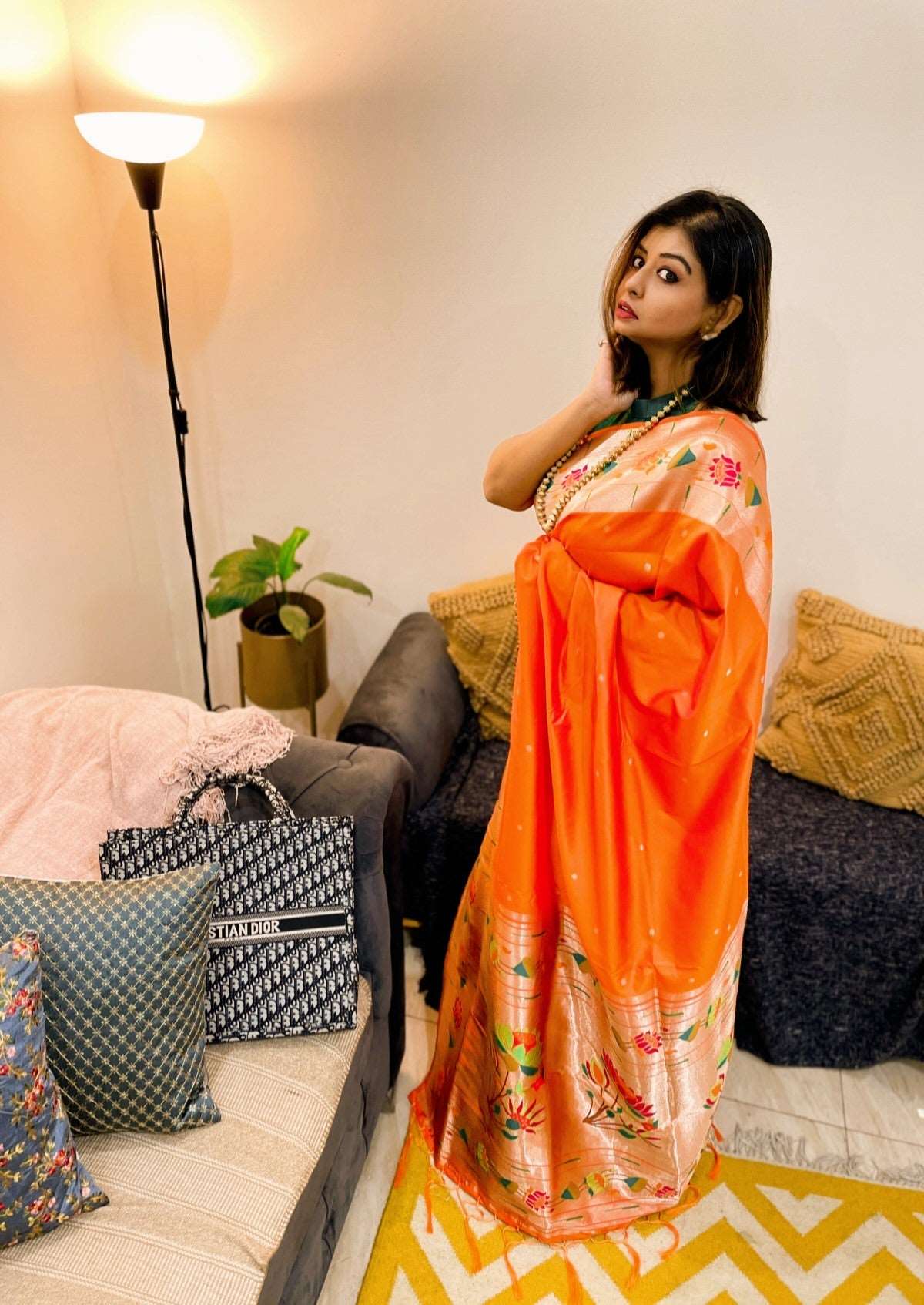 Tangerine Radiance Katan Paithani Silk Saree