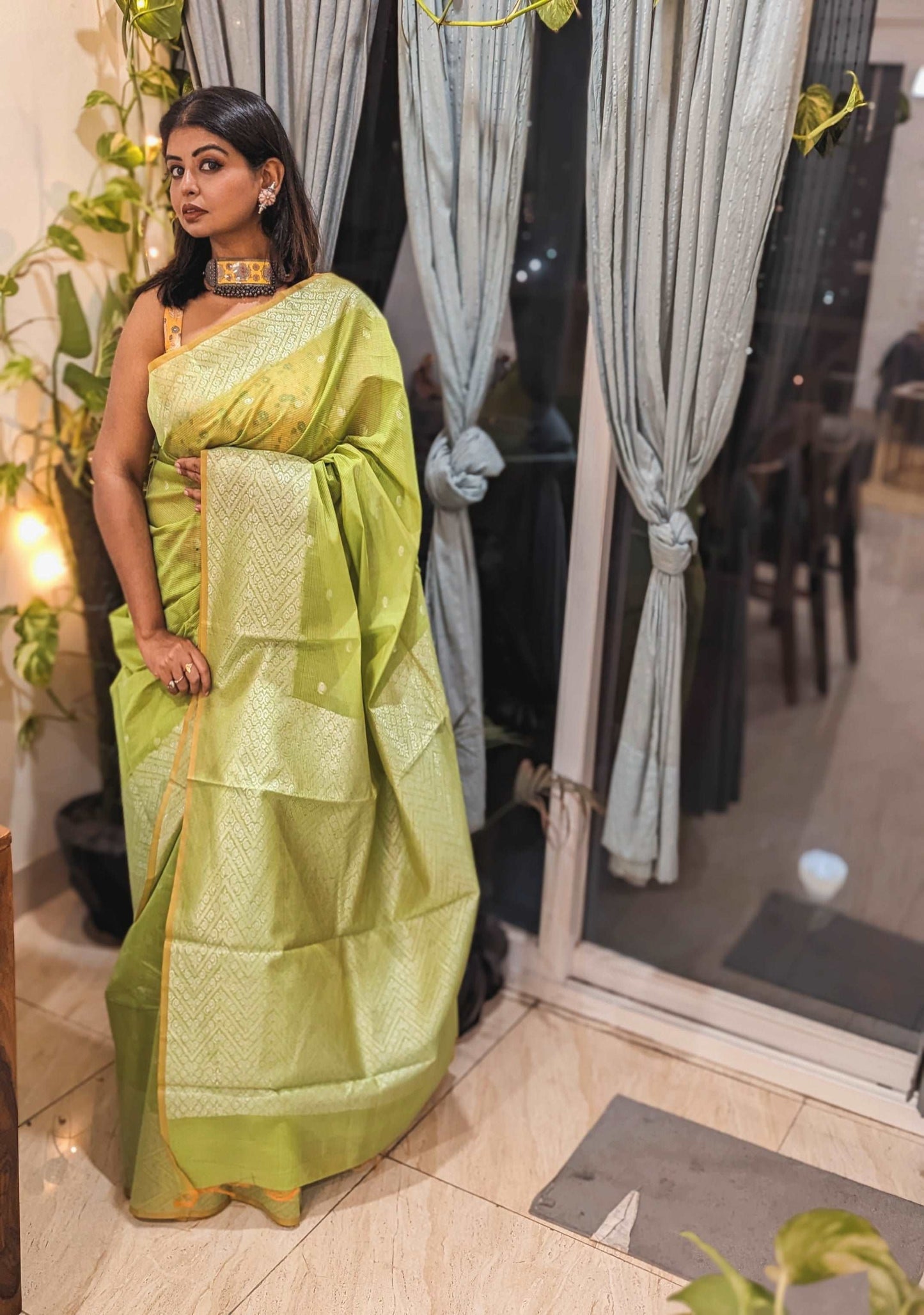 Lime Glow Banarasi Chanderi Sico Saree