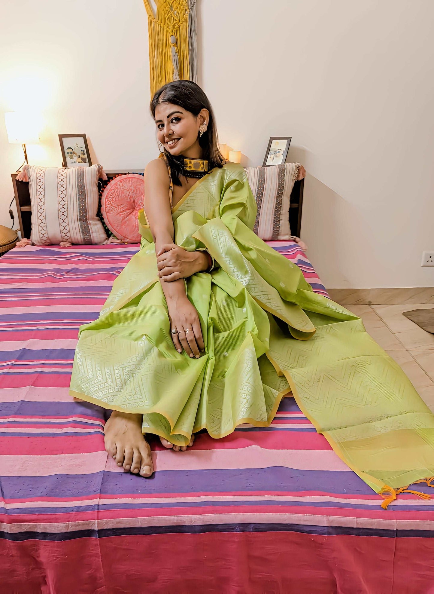 Lime Glow Banarasi Chanderi Sico Saree