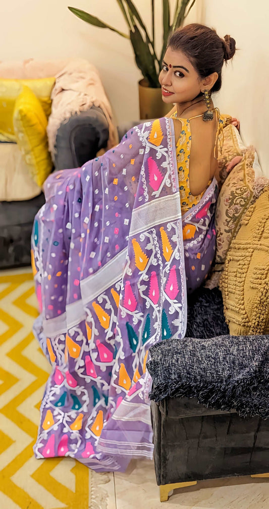 Lilac Luster Dhakai Jamdani Saree