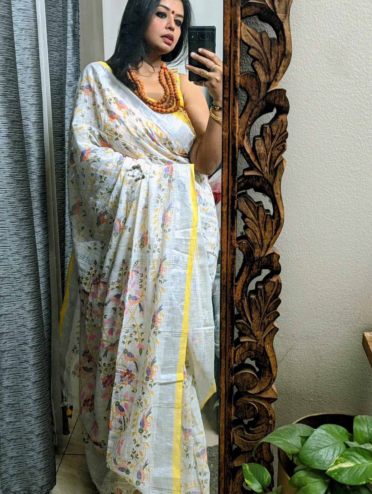 Sunlit Aviary: White Linen Khadi Saree with Yellow Border