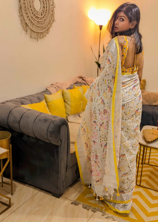 Sunlit Aviary: White Linen Khadi Saree with Yellow Border