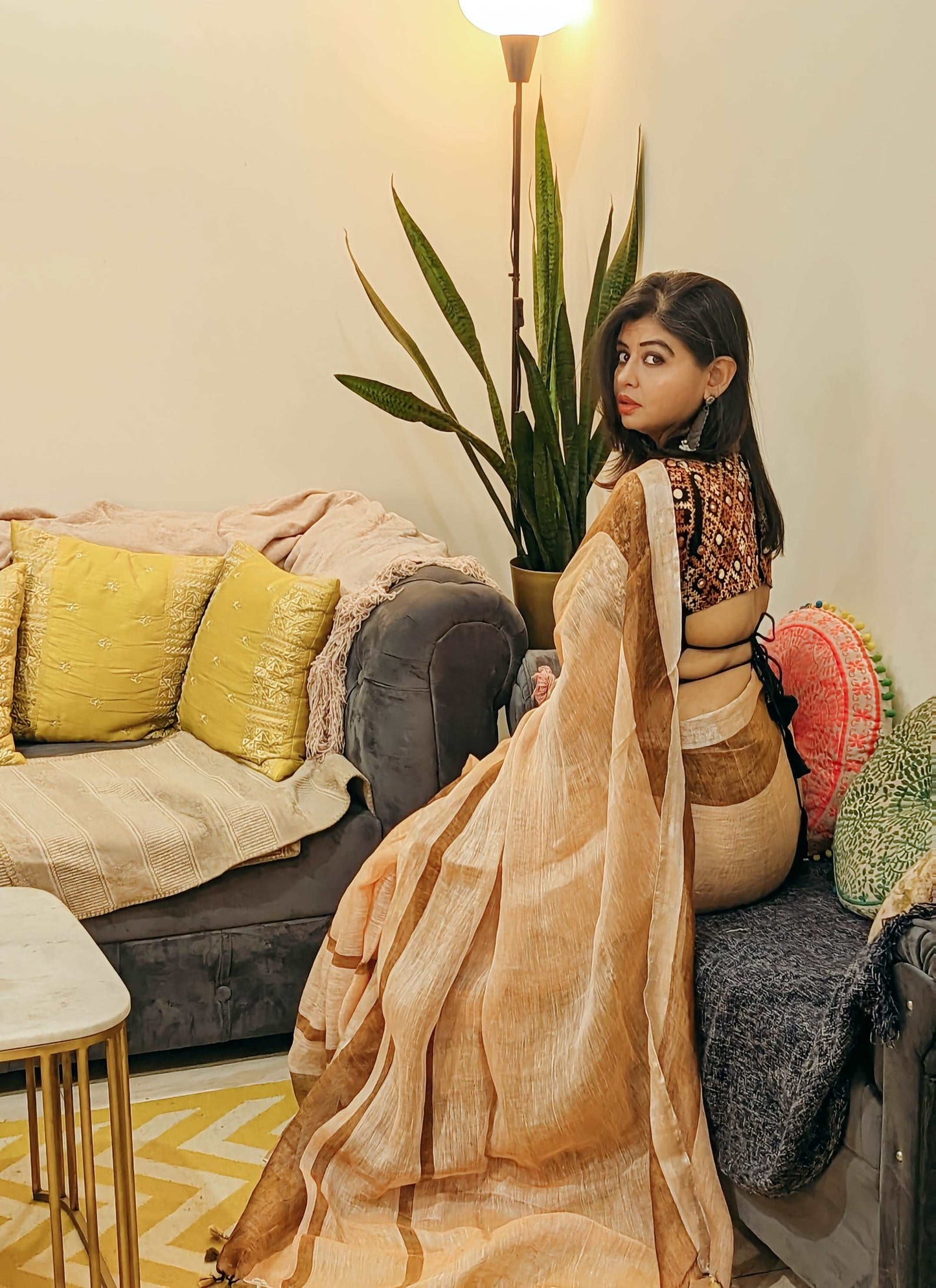 Peaches & Cocoa Handwoven Linen Saree