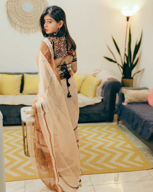 Peaches & Cocoa Handwoven Linen Saree