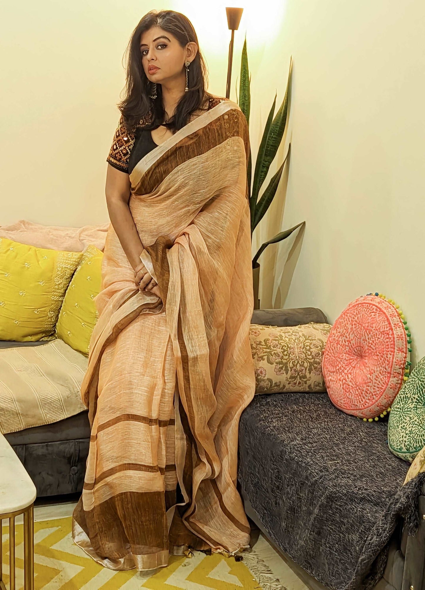 Peaches & Cocoa Handwoven Linen Saree