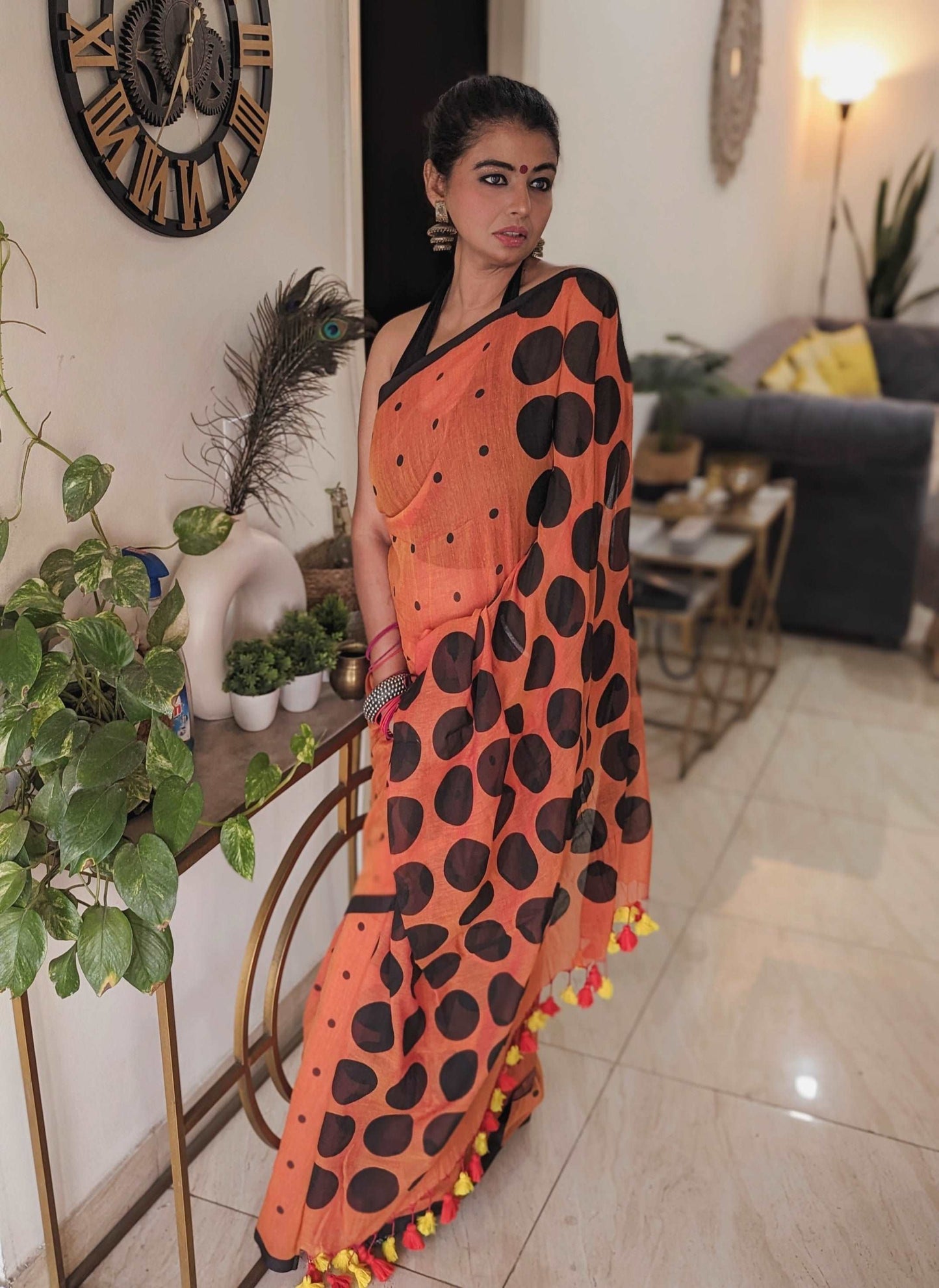 Exquisite Rust and Black Polka Mul Saree
