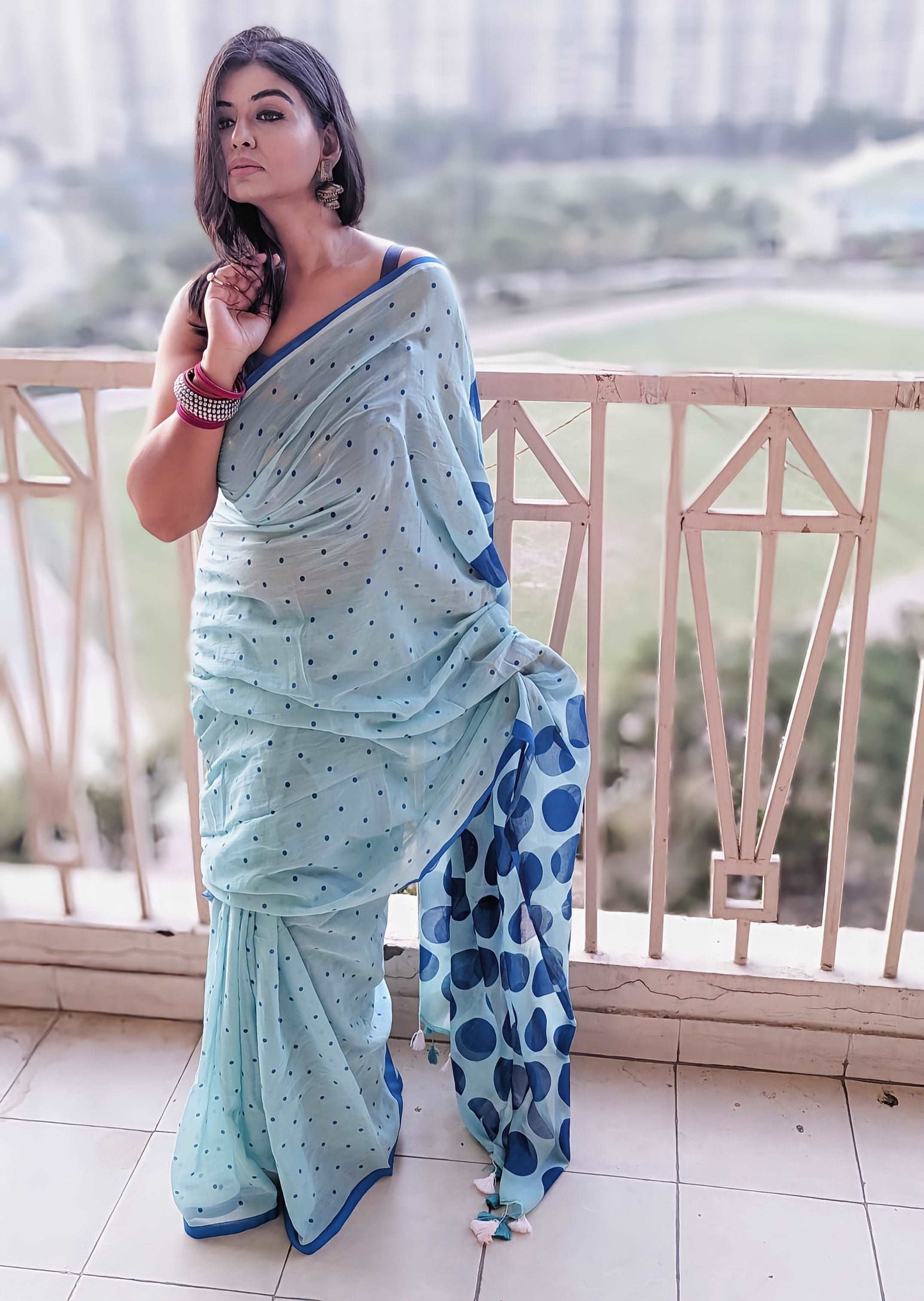 Ocean Breeze Polka Dot Handloom Mul Saree