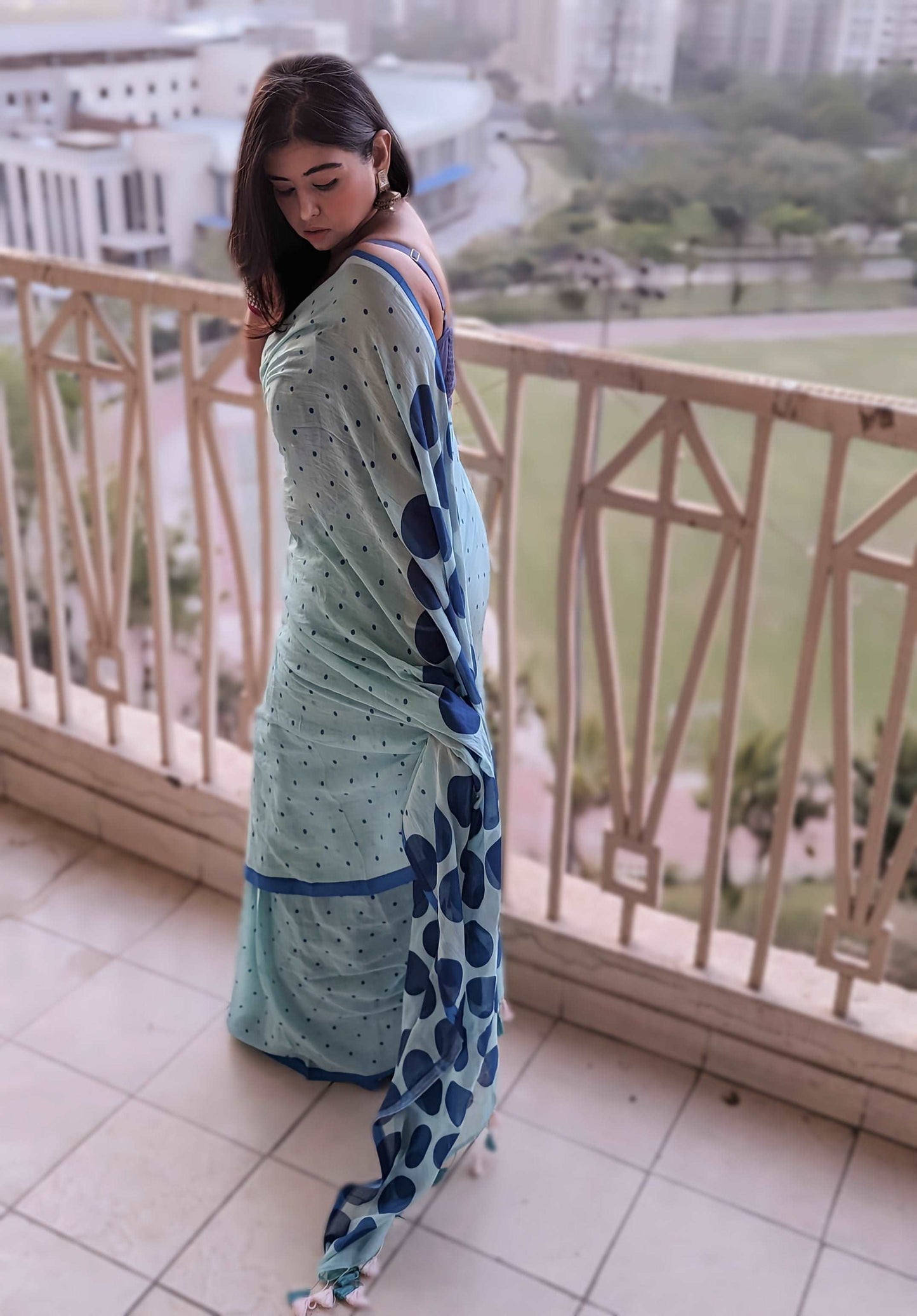 Ocean Breeze Polka Dot Handloom Mul Saree