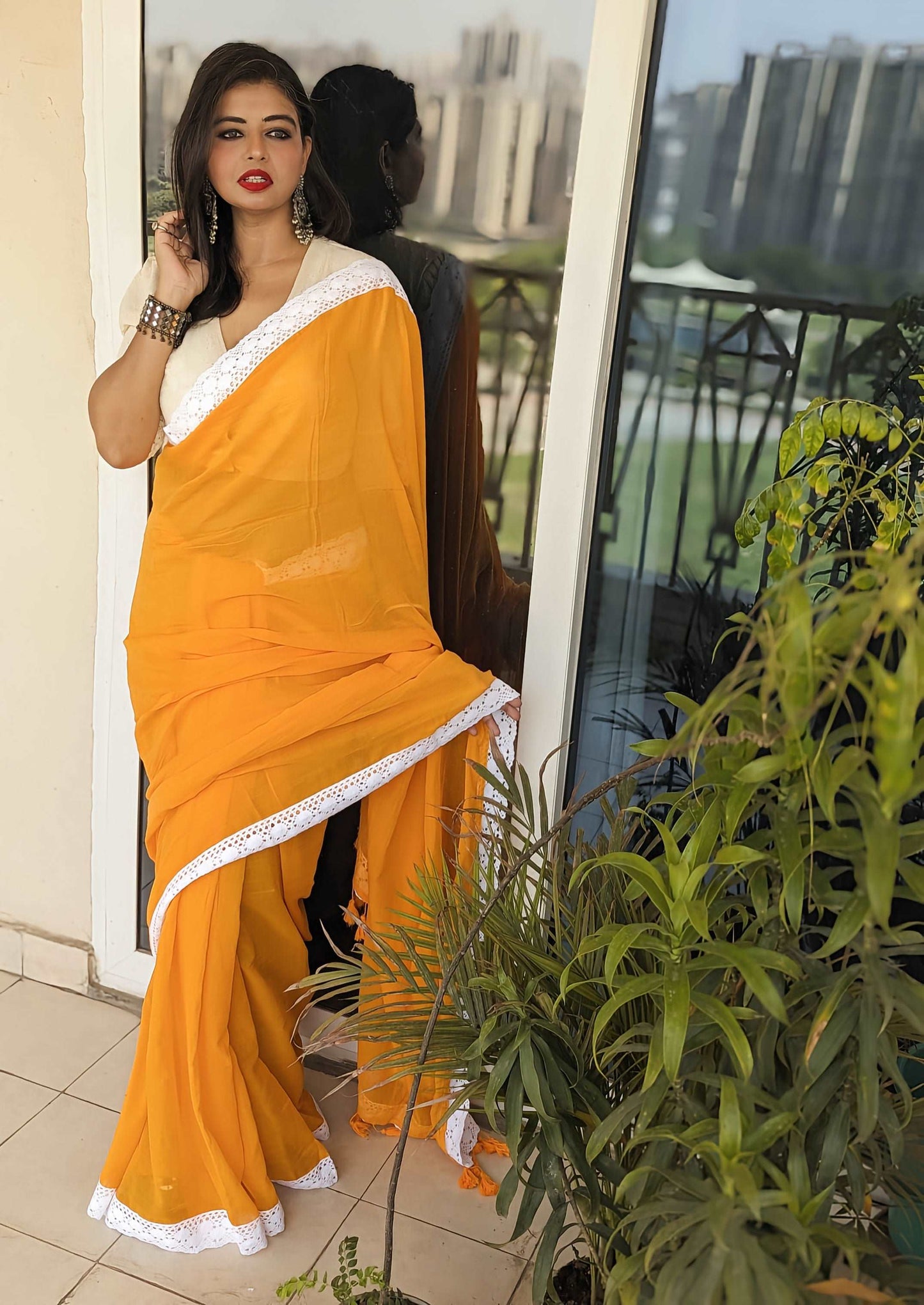 Sunflower Radiance Pure Mul Saree with Crochet Lace and Hakoba Blouse