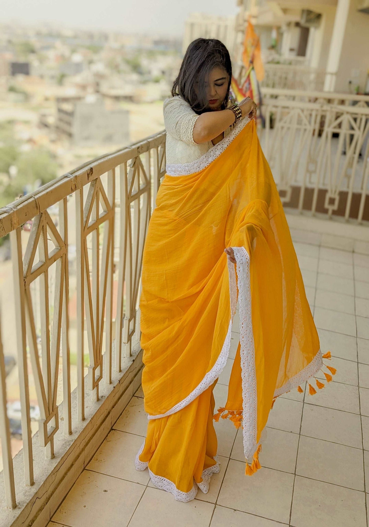 Sunflower Radiance Pure Mul Saree with Crochet Lace and Hakoba Blouse