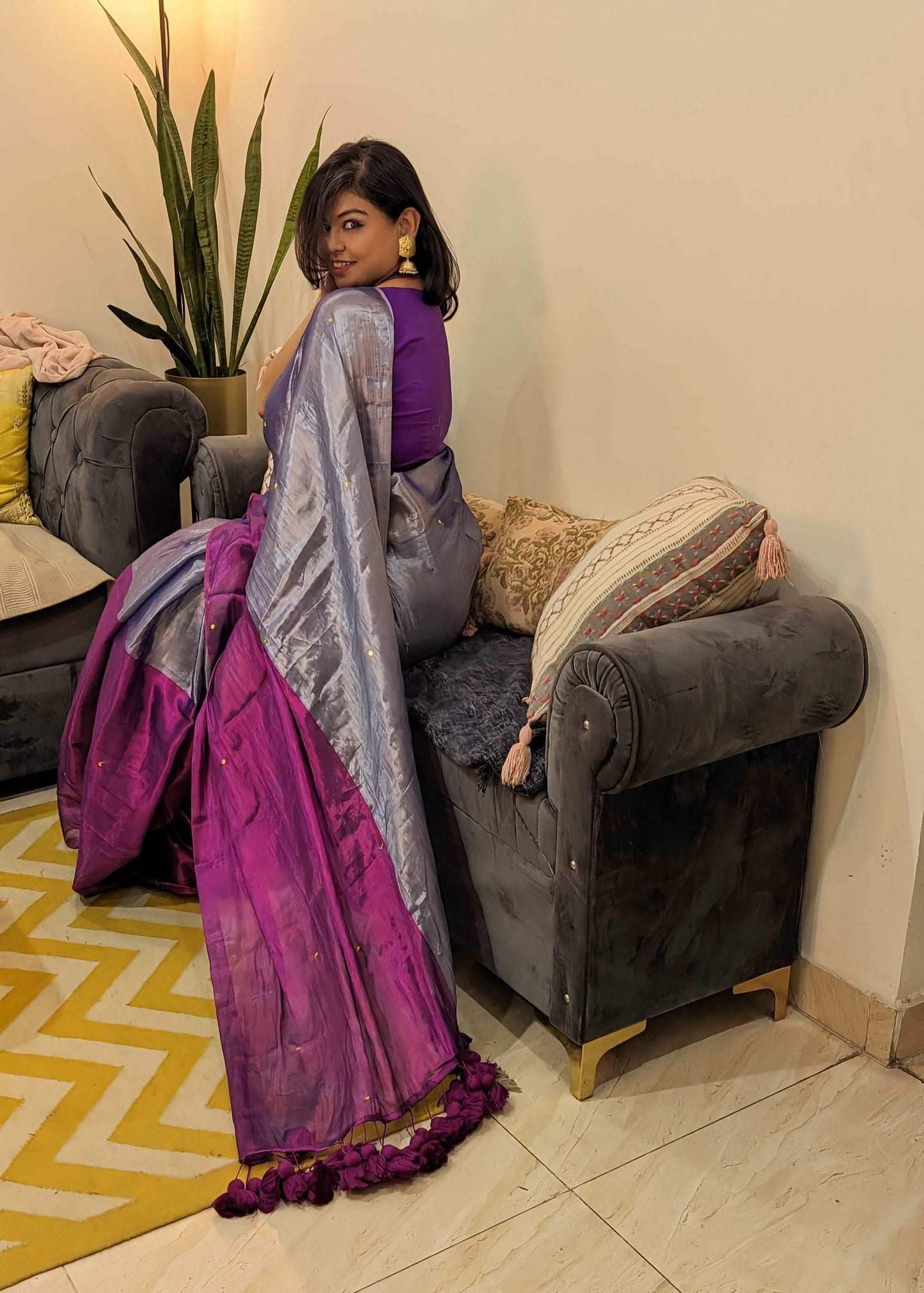 Silver Mauve Wine Sitara Tissue Saree