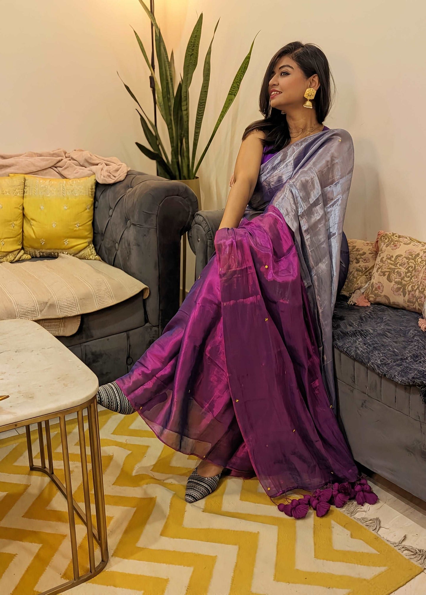 Silver Mauve Wine Sitara Tissue Saree