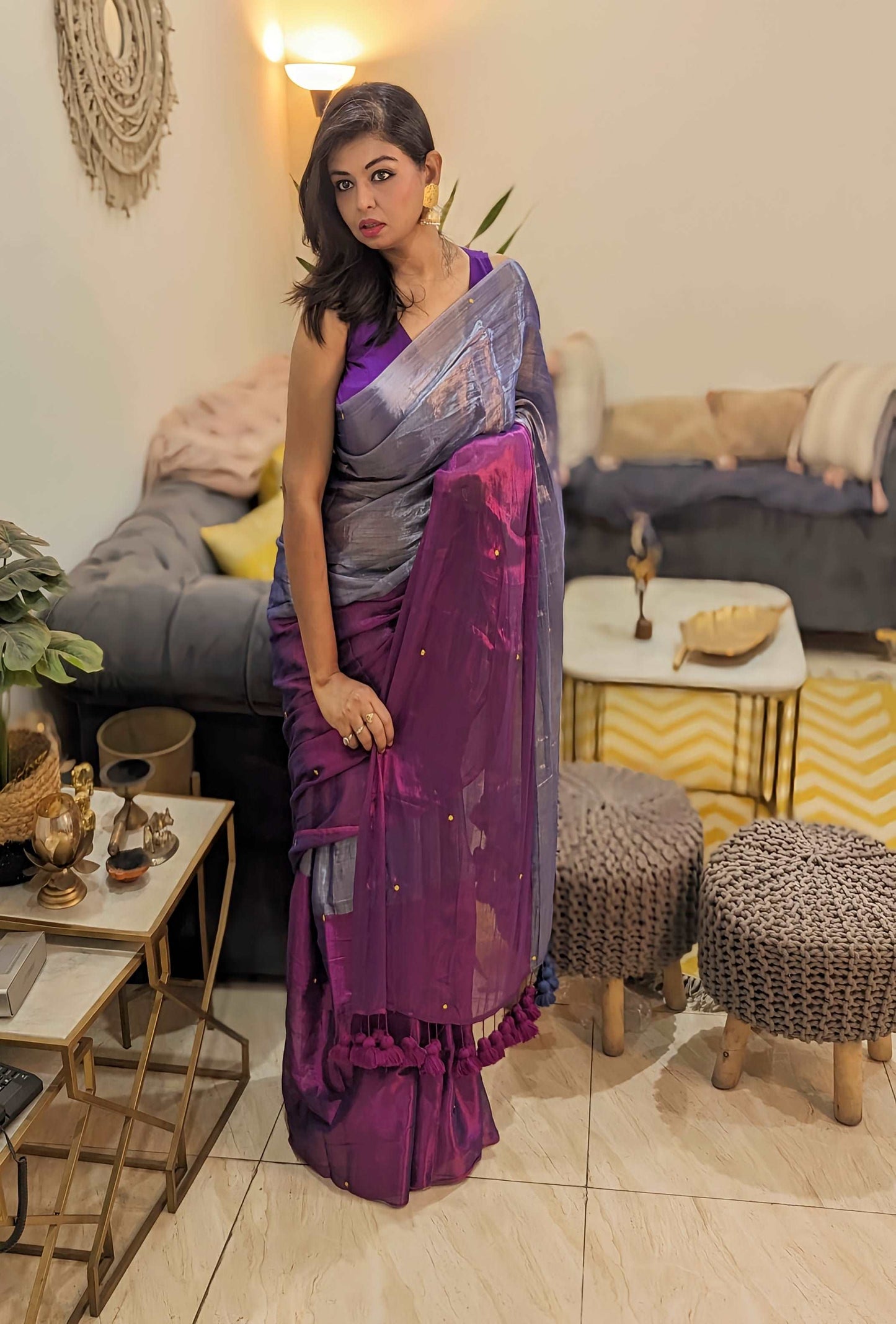 Silver Mauve Wine Sitara Tissue Saree