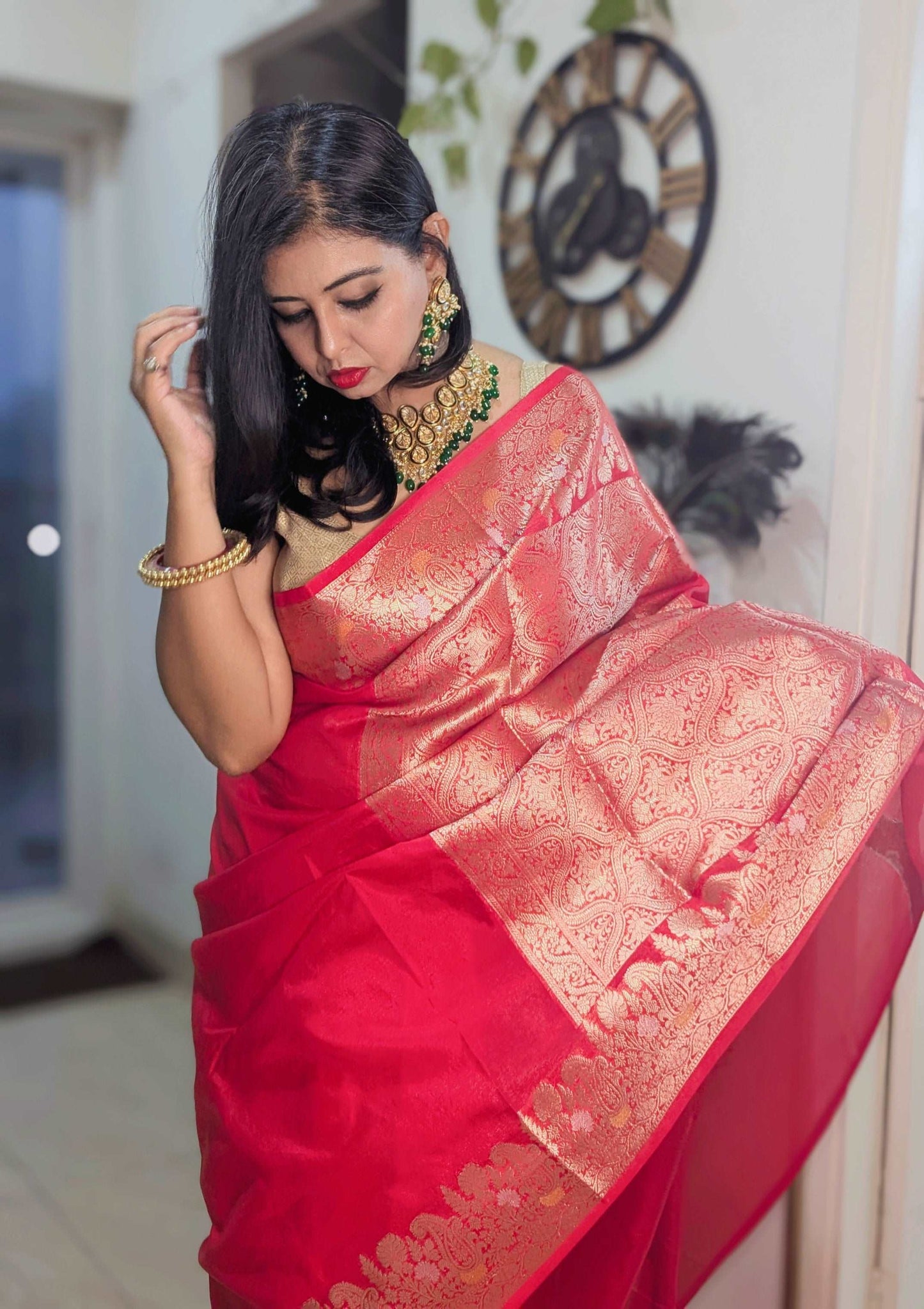 Crimson Red Banarasi Chiniya Silk Saree