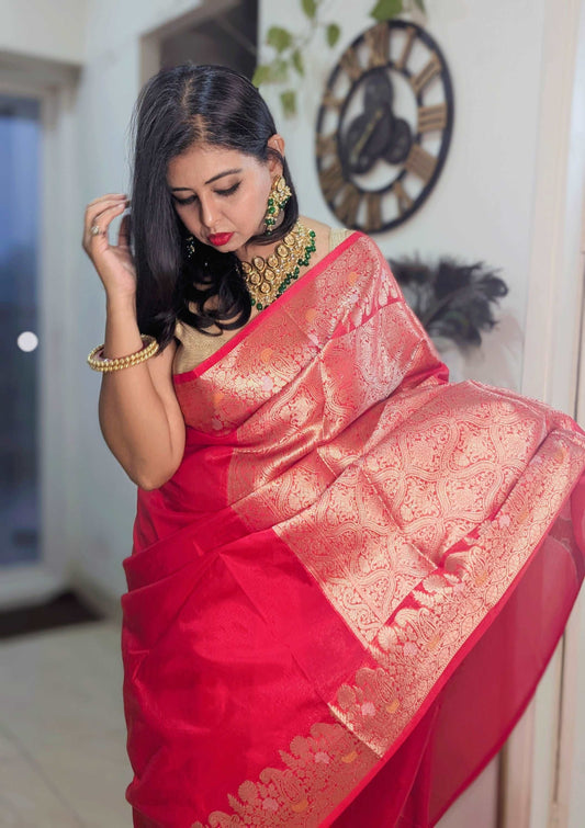 Crimson Red Banarasi Chiniya Silk Saree