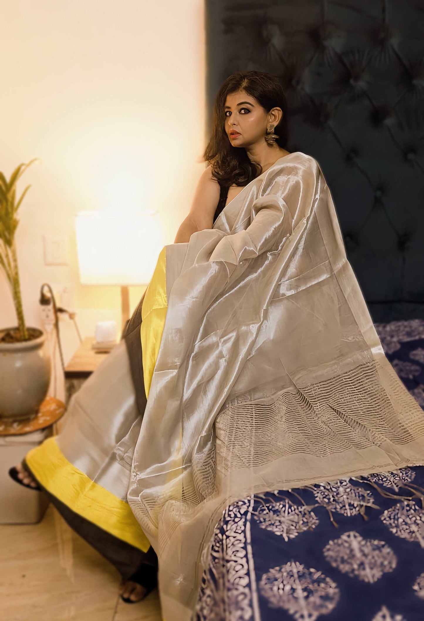 Moonlit Radiance Silver Tissue Saree