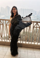 Black Mul Cotton Saree with Sitara Embellishment