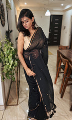 Black Mul Cotton Saree with Sitara Embellishment