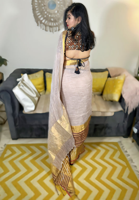 Beige Bloom – Handloom Linen Saree with Blood Red & Zari Border