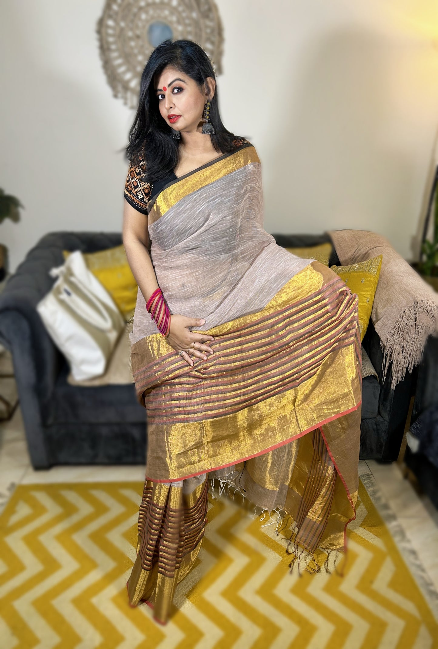 Beige Bloom – Handloom Linen Saree with Blood Red & Zari Border