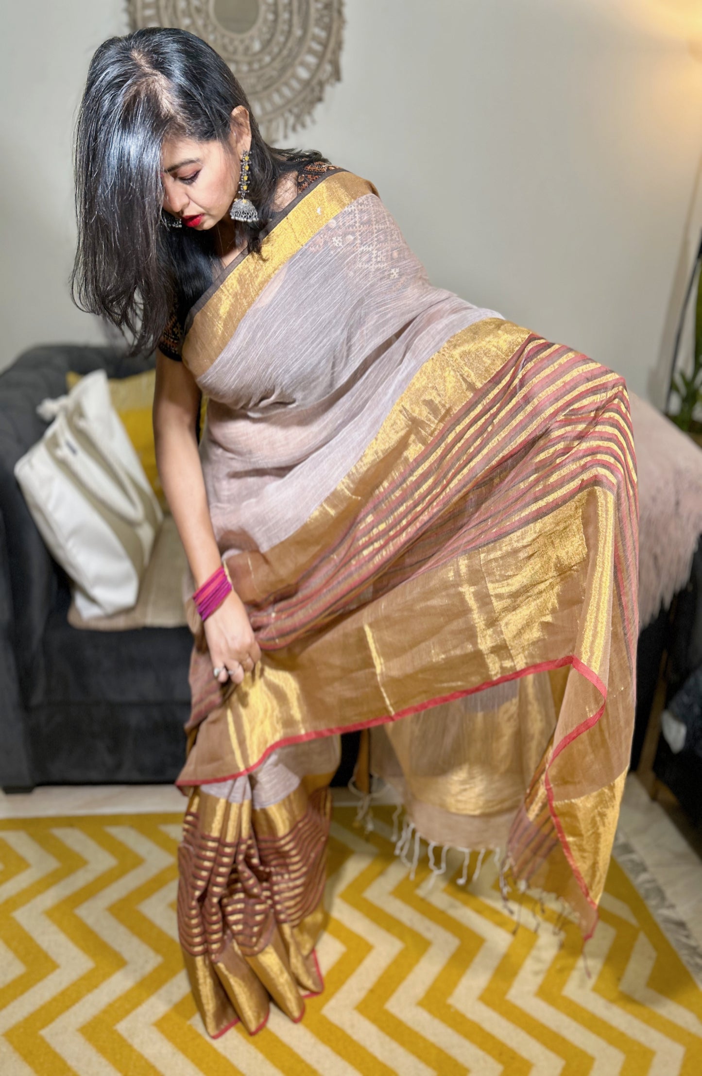 Beige Bloom – Handloom Linen Saree with Blood Red & Zari Border