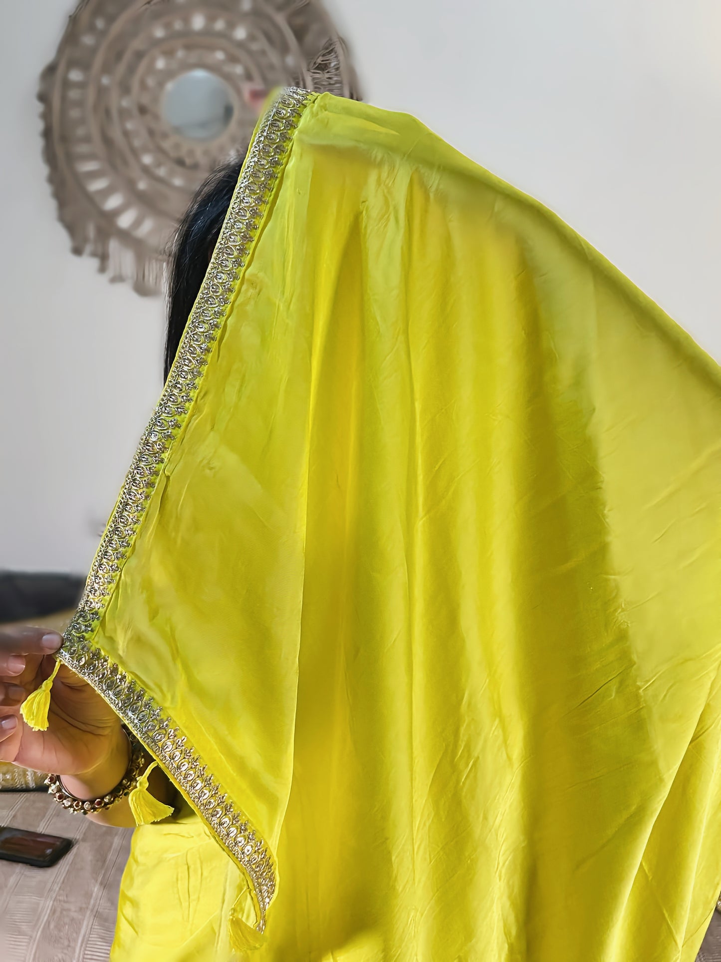 Neon Elegance – Pure Modal Silk Saree with Designer Lace