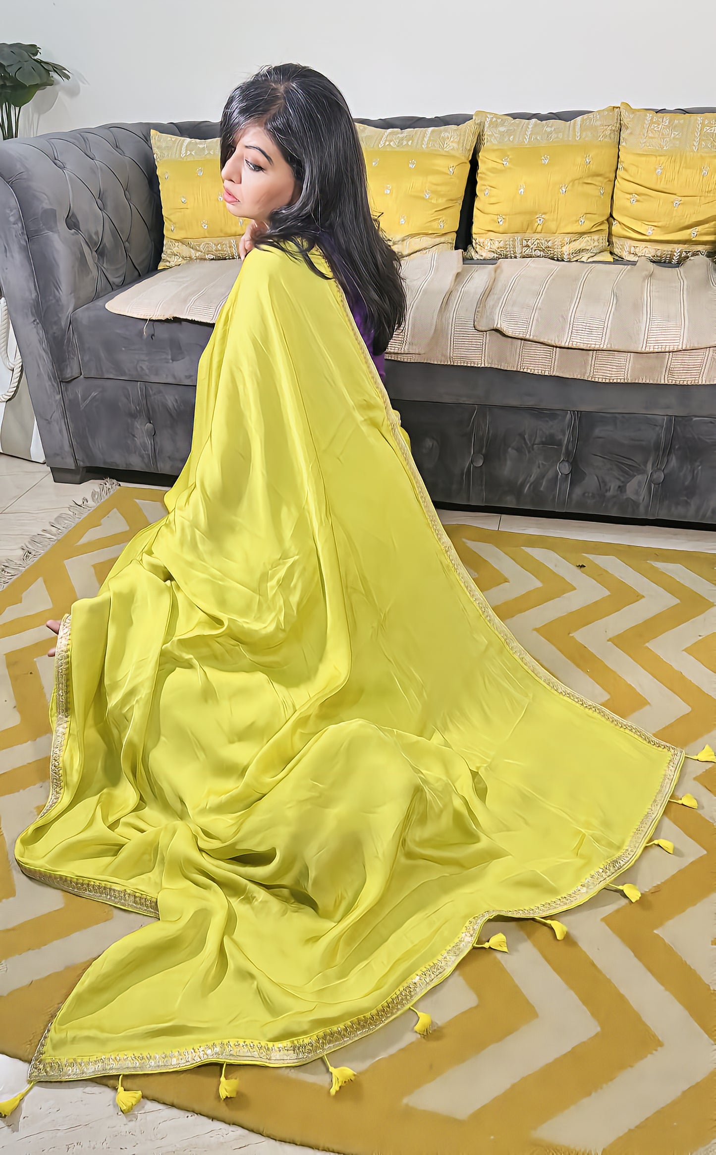 Neon Elegance – Pure Modal Silk Saree with Designer Lace