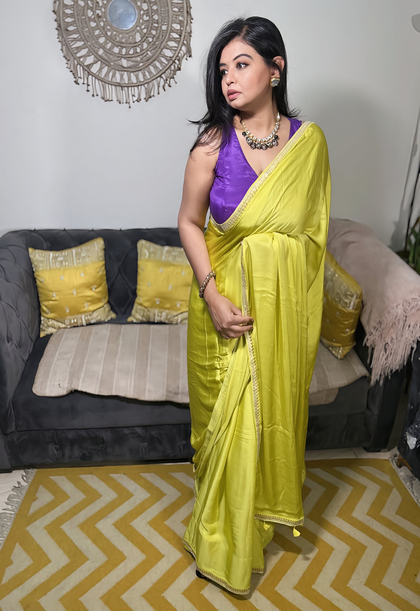 Neon Elegance – Pure Modal Silk Saree with Designer Lace