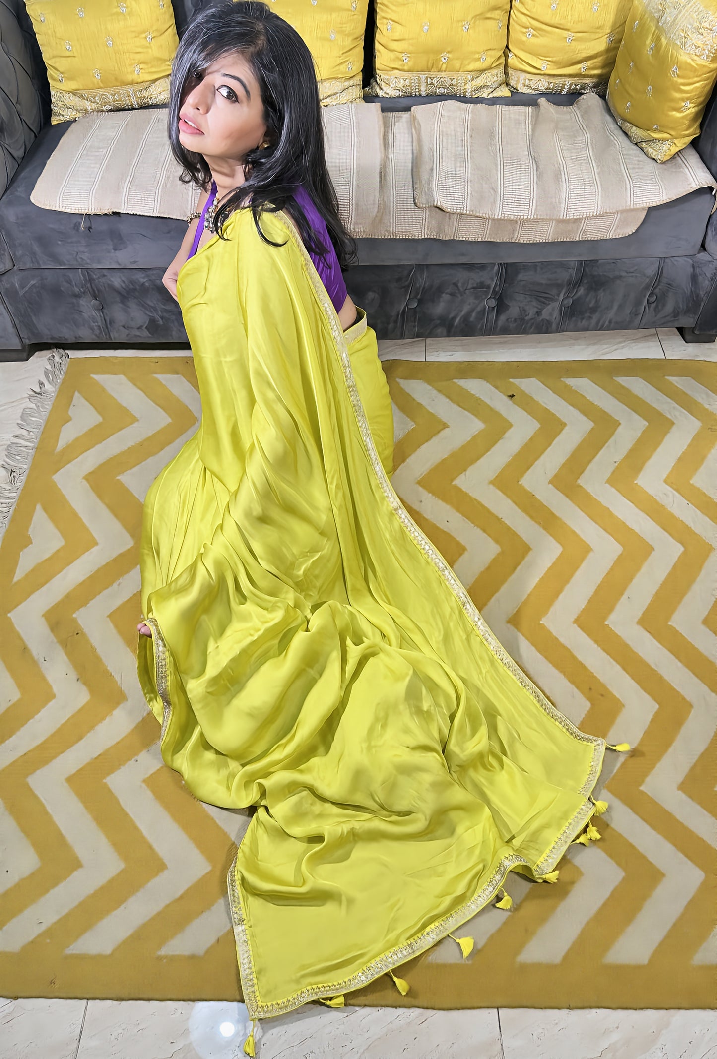 Neon Elegance – Pure Modal Silk Saree with Designer Lace