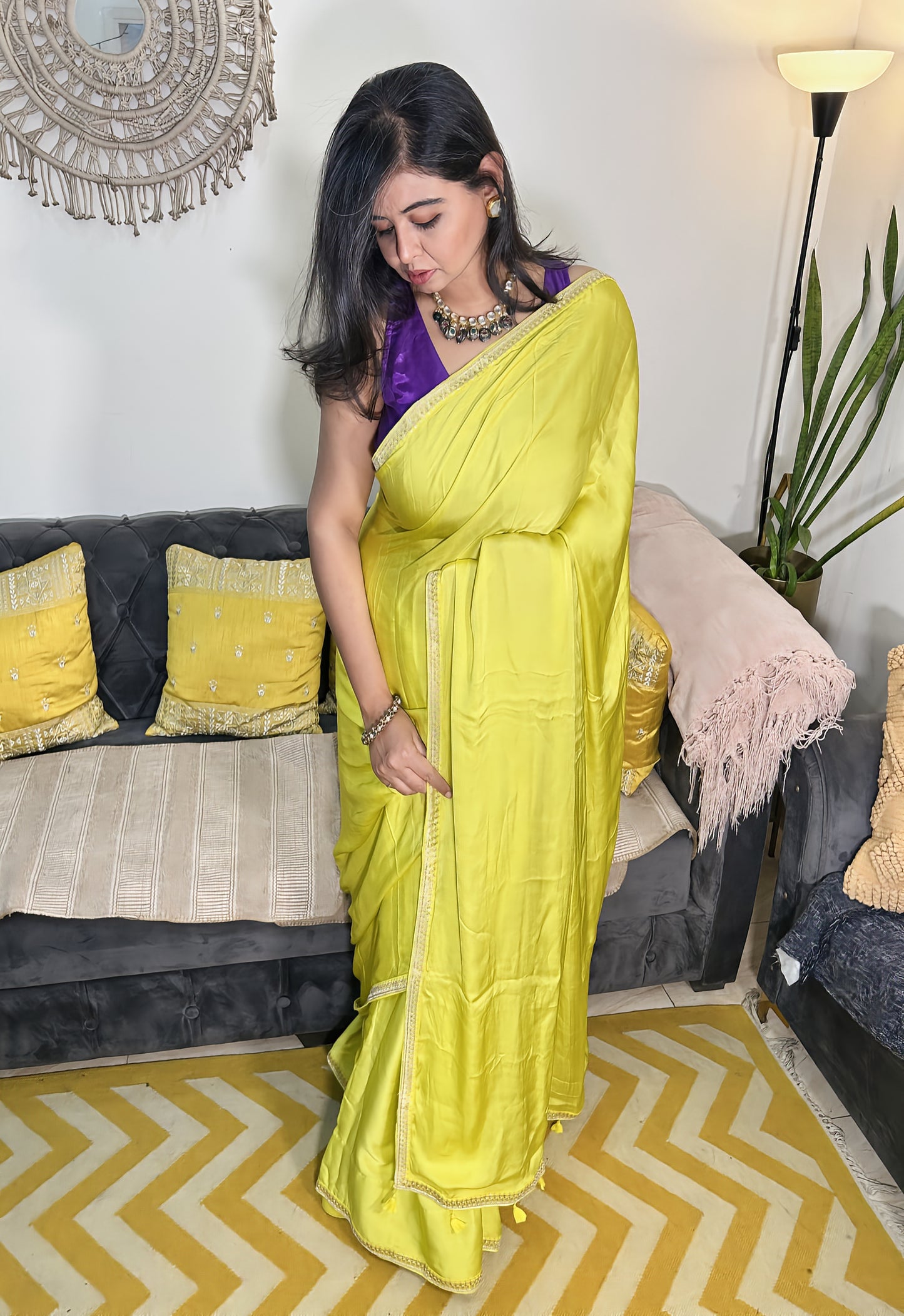 Neon Elegance – Pure Modal Silk Saree with Designer Lace