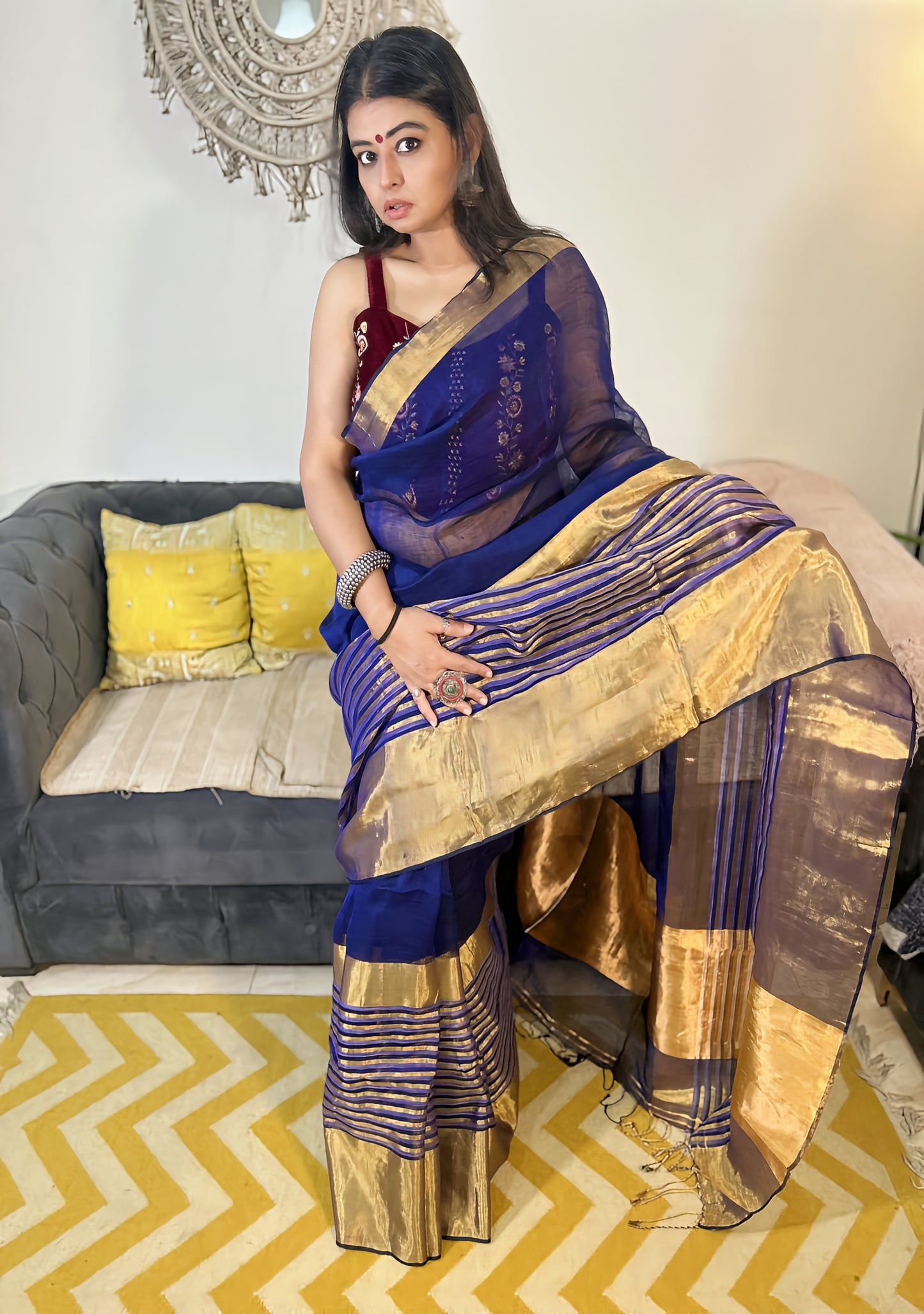 Navy Blue Bloom – Handloom Linen Saree with Blood Red Zari Border