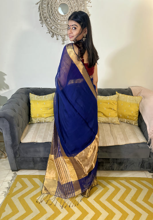 Navy Blue Bloom – Handloom Linen Saree with Blood Red Zari Border