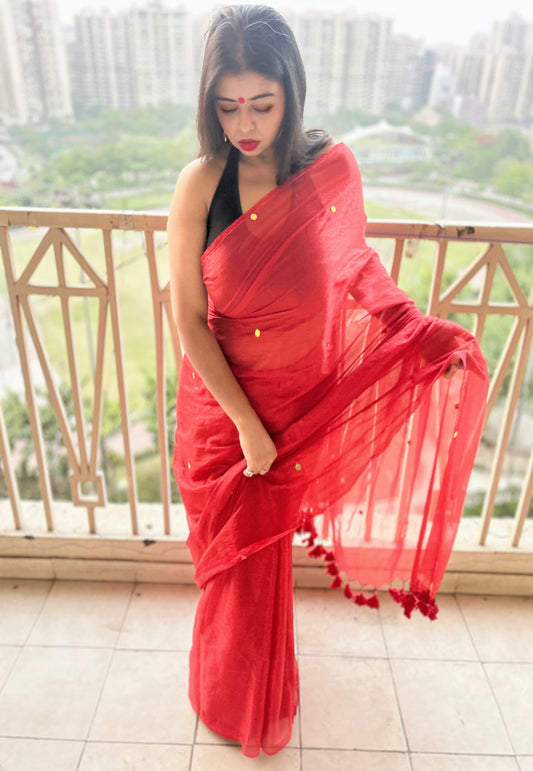 Gulnaar – Deep Red Soft Tissue Saree with Sitara Handwork