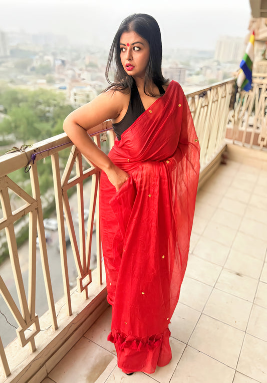 Gulnaar – Deep Red Soft Tissue Saree with Sitara Handwork