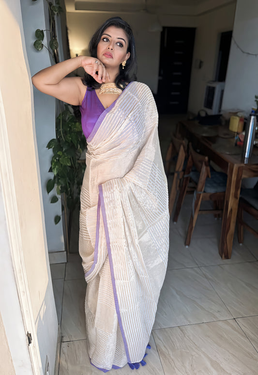 SitaraValli – Off-White Bengal Tissue Saree with Golden Stripes and Purple Border