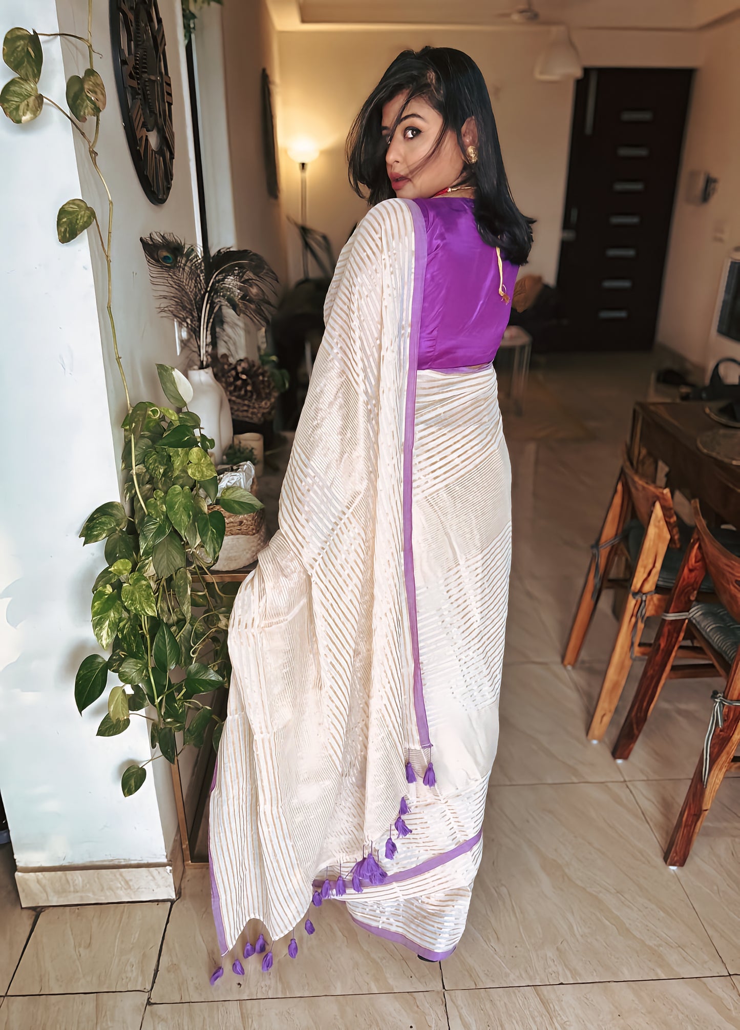SitaraValli – Off-White Bengal Tissue Saree with Golden Stripes and Purple Border