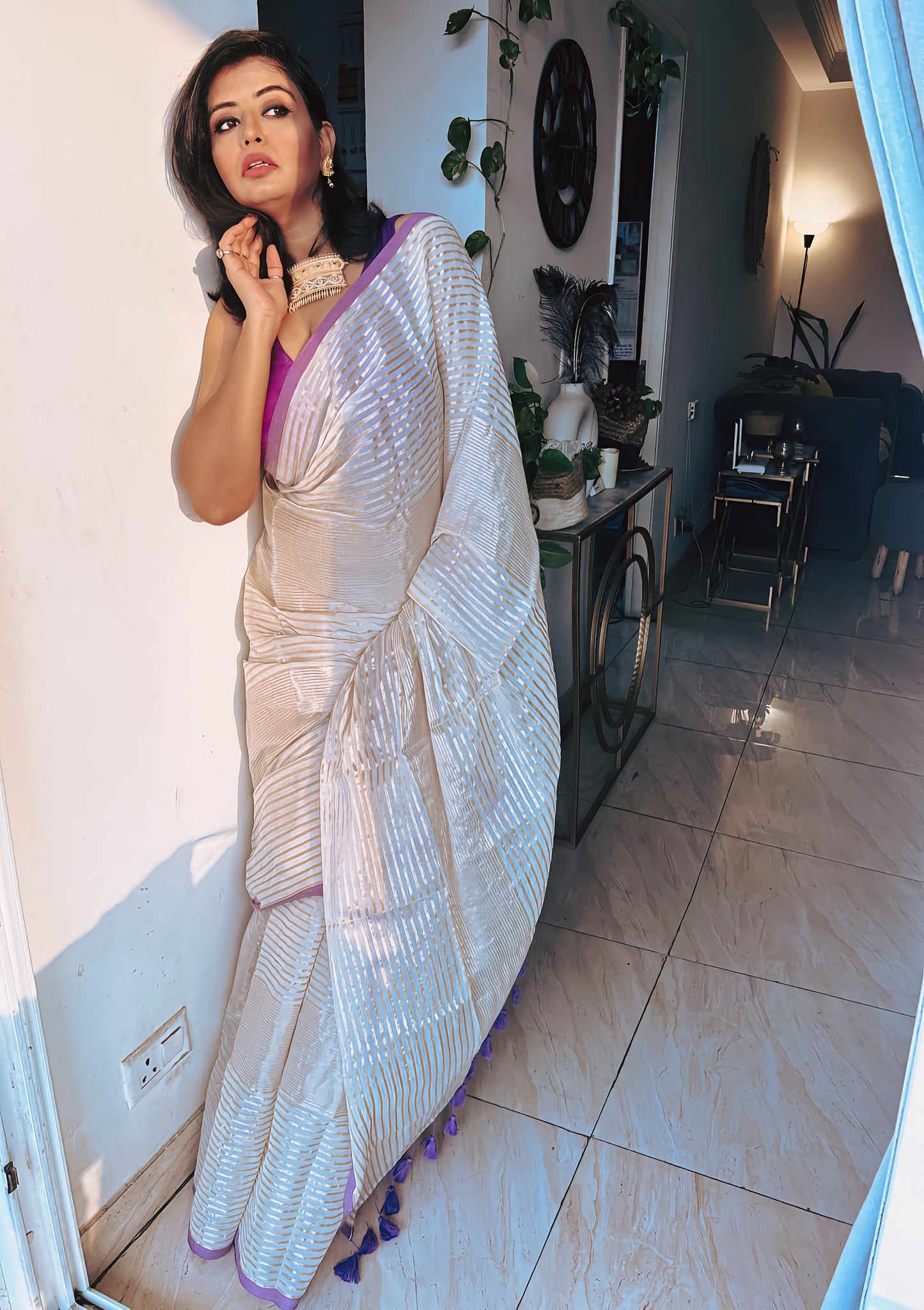 SitaraValli – Off-White Bengal Tissue Saree with Golden Stripes and Purple Border