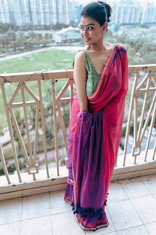 Rang Bahaar – Pure Handloom Mul Saree in Magenta and Purple
