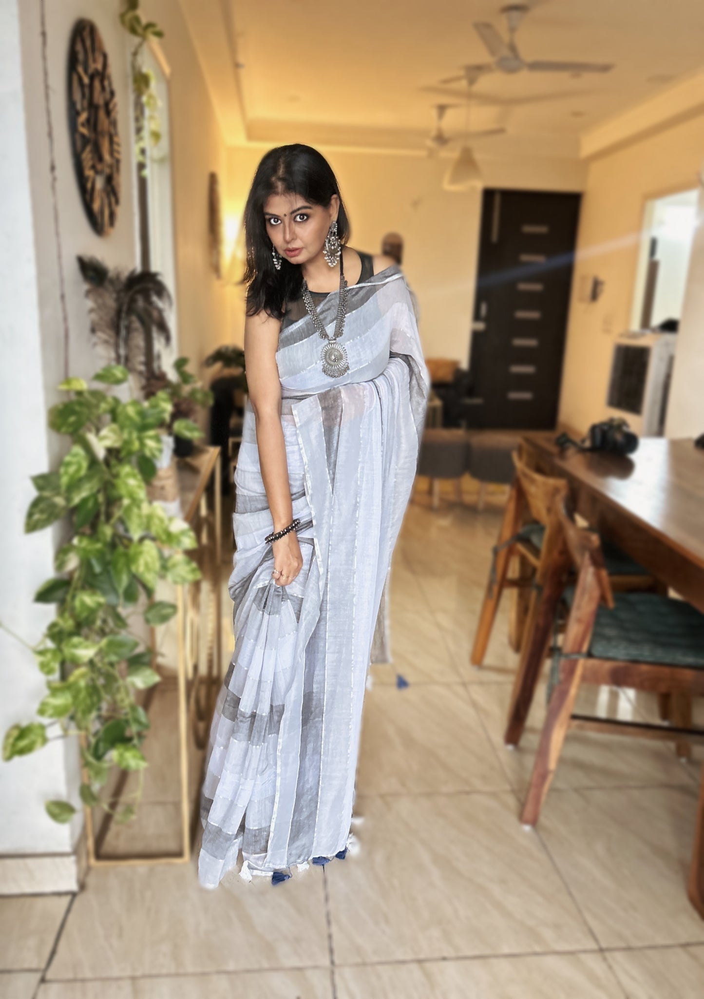 Chandrika Stripes - Monochrome Mul Saree