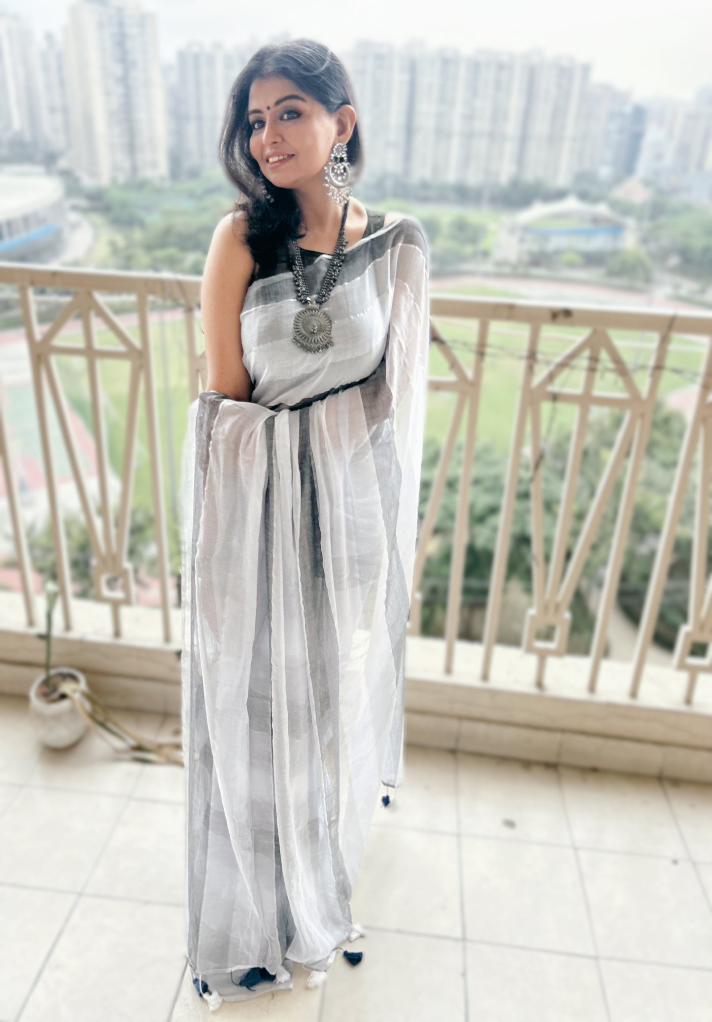 Chandrika Stripes - Monochrome Mul Saree