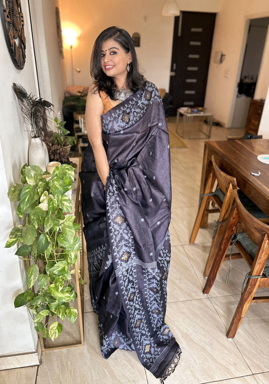 Slate Symphony – Pure Hallmarked Tussar Silk Jamdani Saree