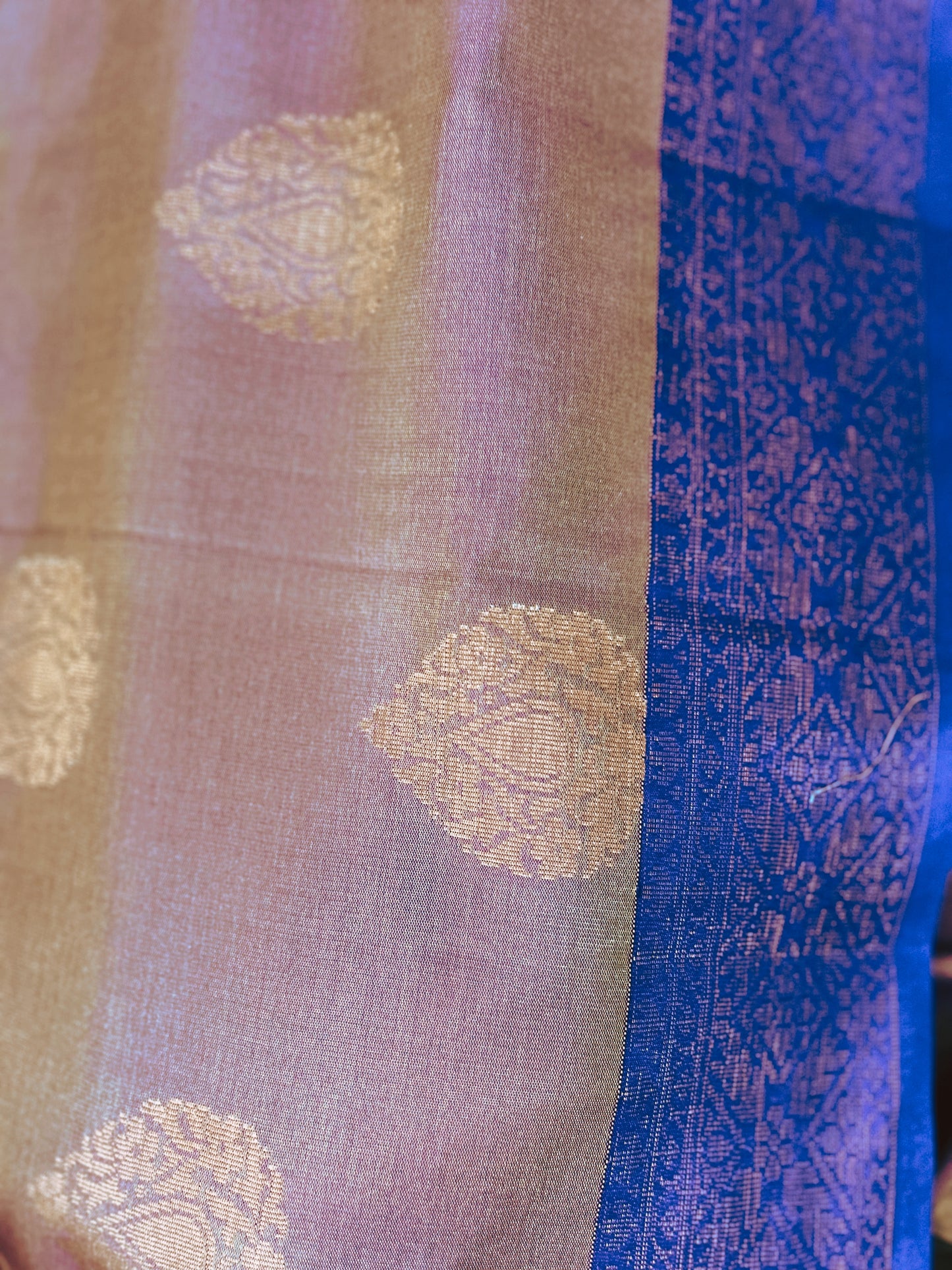 Vaidehi – Royal Blue Border Kanchi Silk Saree in Deep Beige
