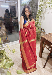 Royal Rustic Red Saree With Maheshwari Style Zari Detailing