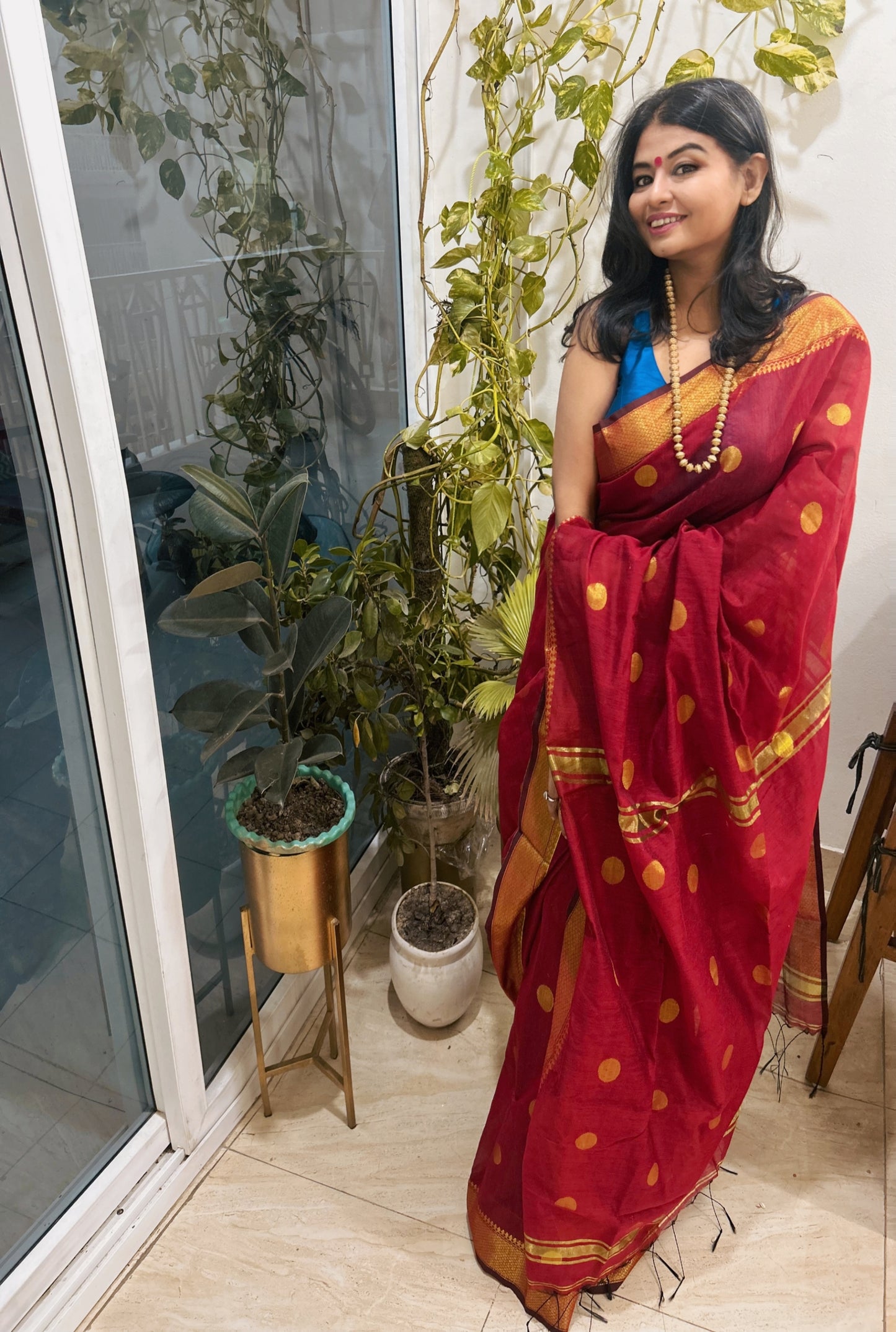 Rudrani – Deep Rustic Red Maheshwari Inspired Bengal Cotton Silk Saree